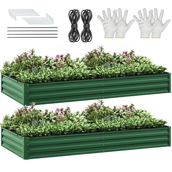 Uforic 2 Pack 8ftx4ft Large Raised Garden Bed Kit,Outdoor Galvanized Metal Patio Planter Box with Safety Rubber & Gloves, for Vegetables Flowers,Green