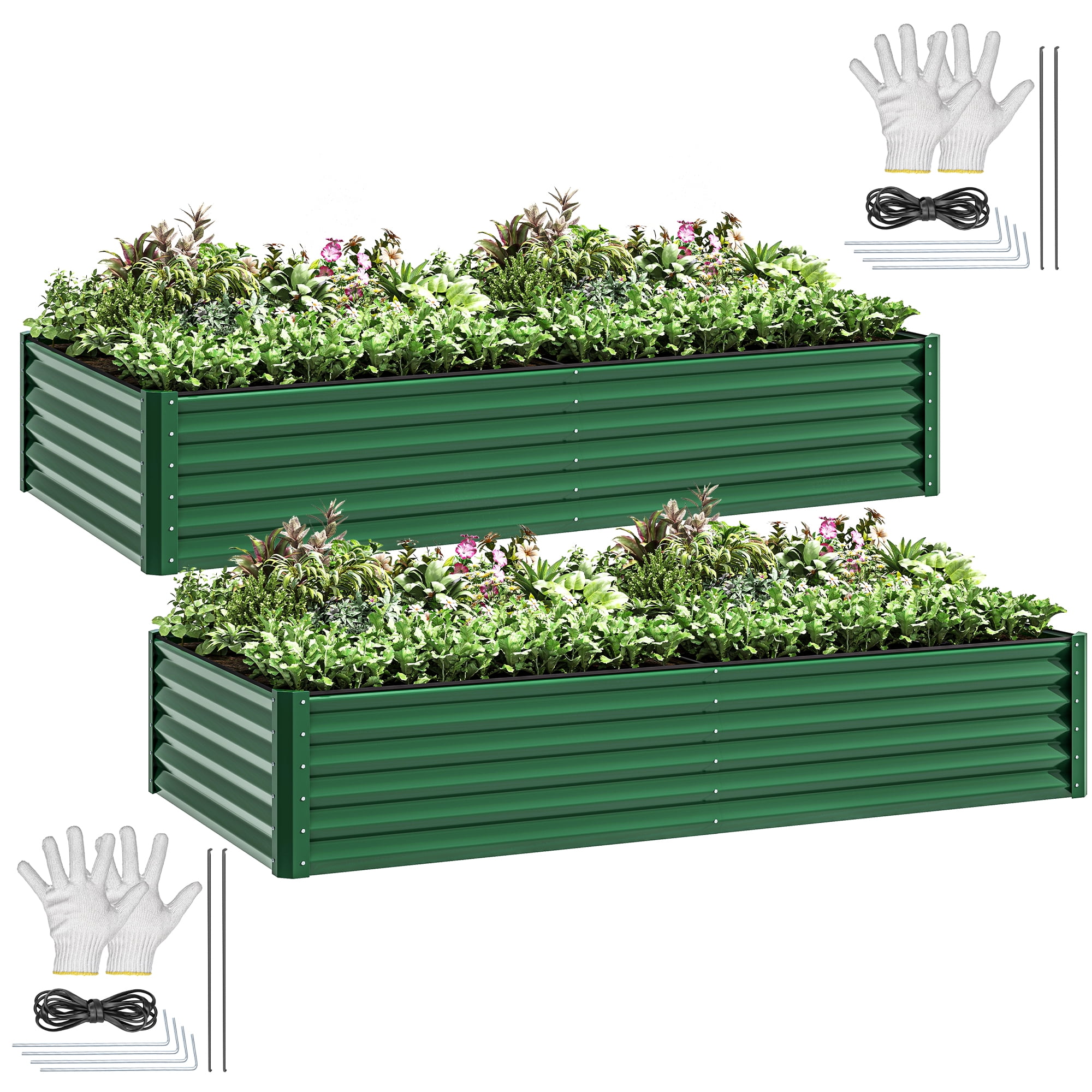 Uforic 2 Pack 8ftx4ftx1.5ft Large Raised Garden Bed Kit,Outdoor Galvanized Metal Patio Planter Box with Safety Rubber & Gloves, for Vegetables Flowers,Green
