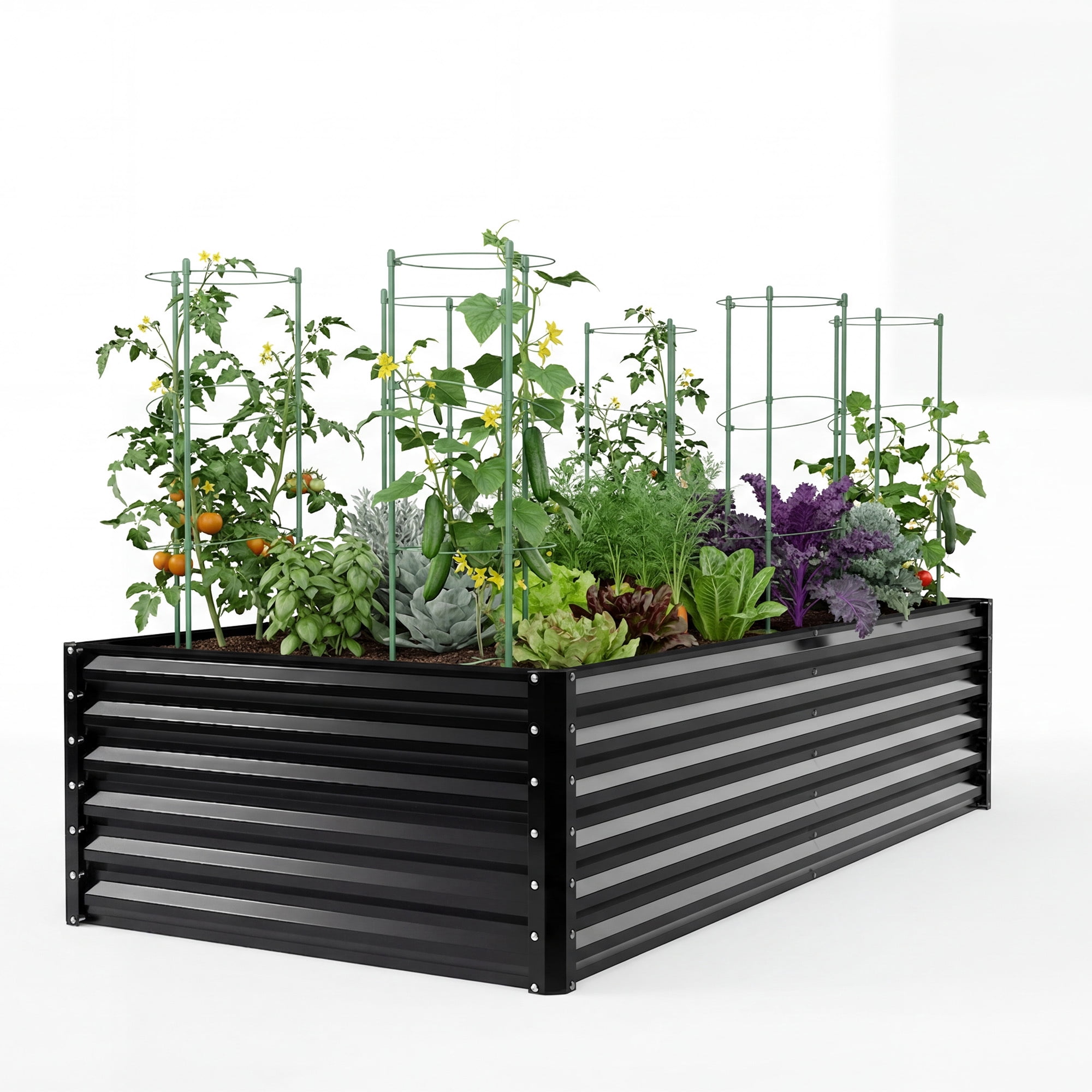 Uforic 2-Pack 8x4x2ft Galvanized Raised Garden Bed with Tomato Cages, Trellis, Support Rods & Gloves, Outdoor Planter Box for Climbing Plants, Vegetables & Flowers, Black