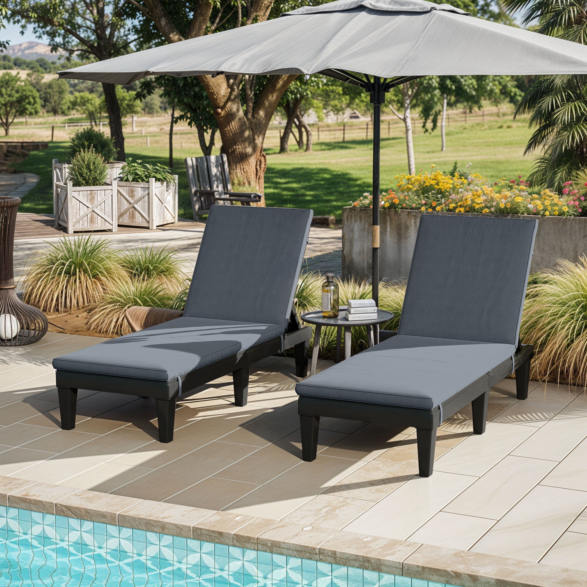Uforic 2 Pack Adjustable Outdoor Chaise Lounge Chairs, 5-Position Reclining Plastic Pool Lounger with Soft Cushion, Waterproof Easy Assembly Patio Recliner for Poolside Backyard Garden, Grey