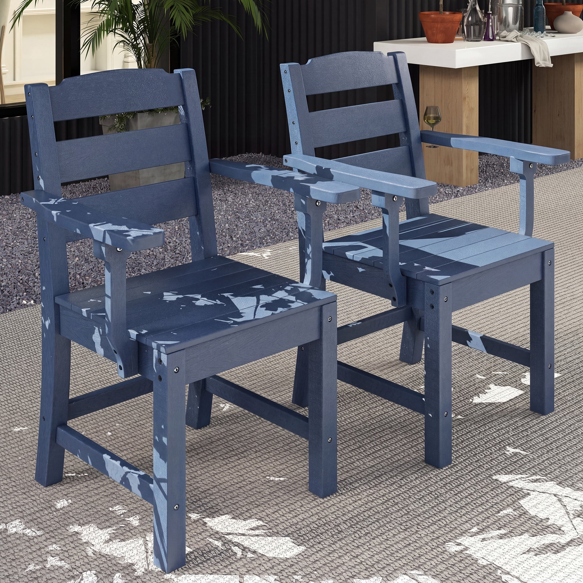 Uforic 2 Pack Outdoor Dining Chairs, Heavy Duty All-Weather HIPS Patio Chairs, Wood Grain Design, 385 LBS Load Capacity, Garden Backyard Poolside Furniture, Navy Blue