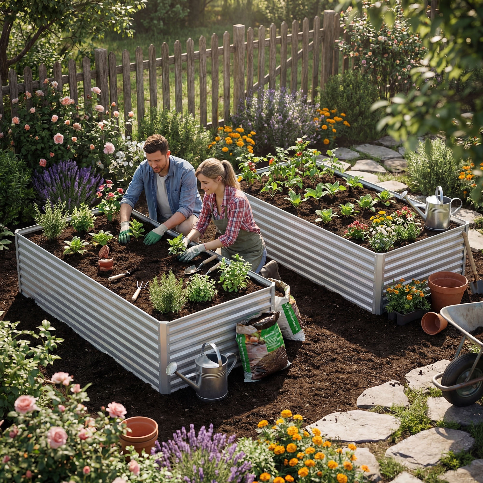 Uforic 2 Pack 6x3x2 f Silver Galvanized Raised Garden Bed Kit, Metal Planter Box with Gloves, Ground Nails & Support Rod, Outdoor Above-Ground Planter for Plants, Vegetables, and Flowers