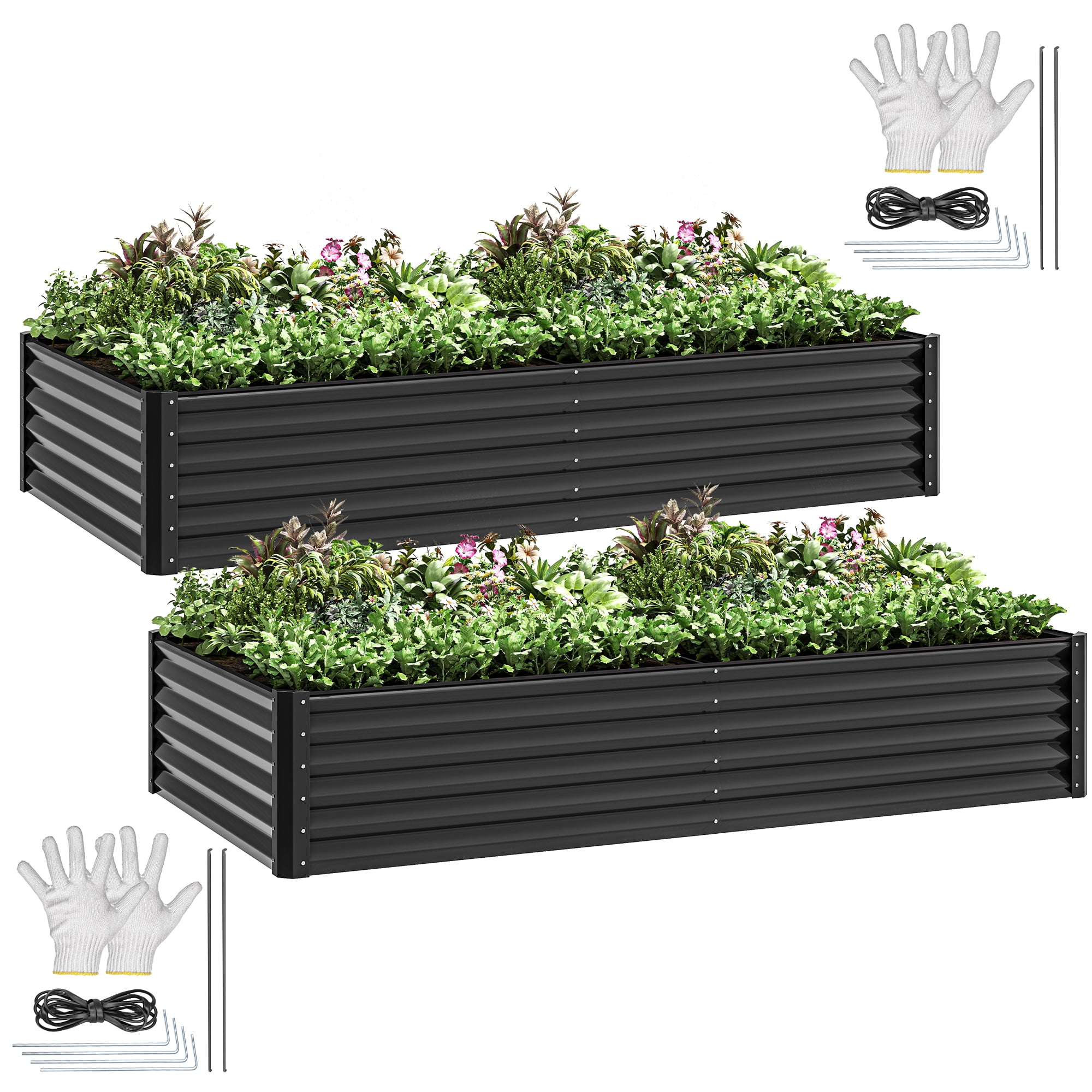 Uforic 2 Pcs 8ftx4ftx1.5ft Large Raised Garden Bed Kit,Outdoor Galvanized Metal Patio Planter Box with Safety Rubber & Gloves, for Vegetables Flowers,Black