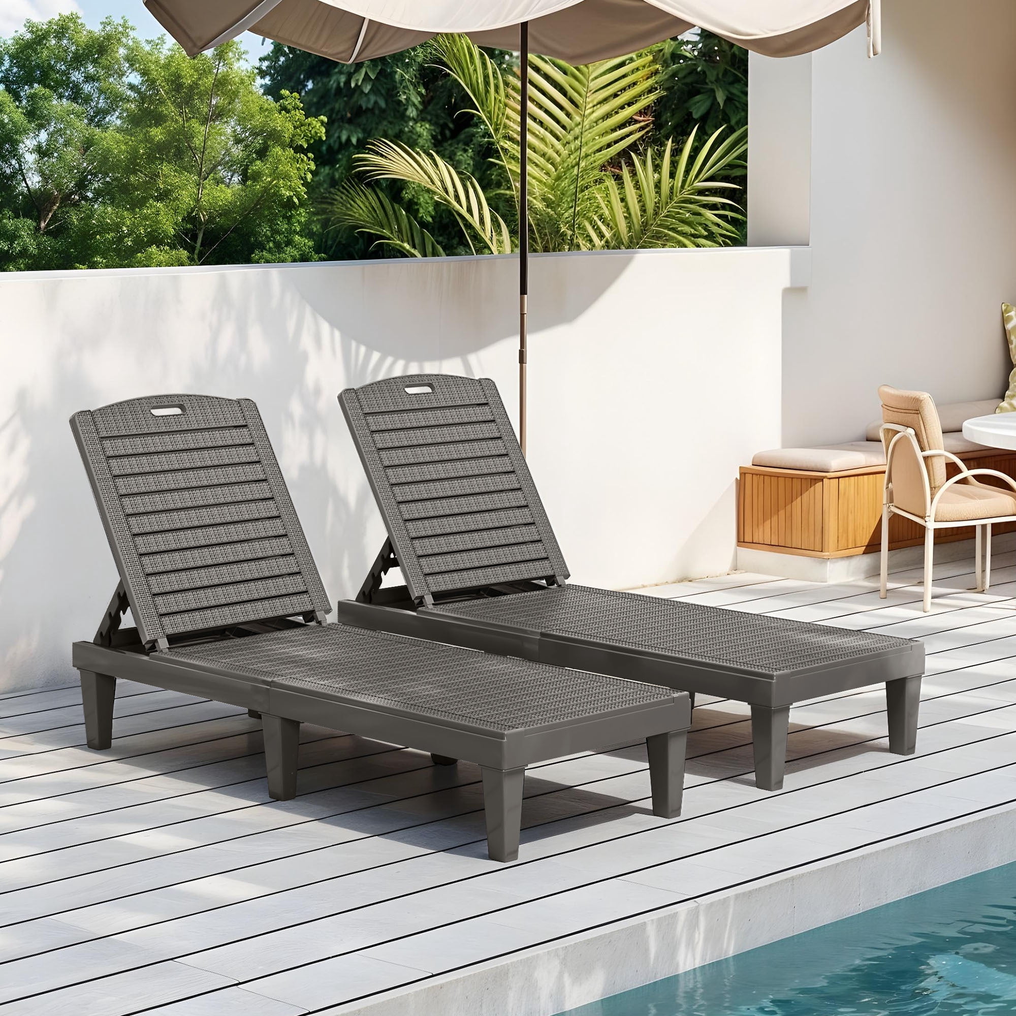 Uforic 2-Piece Outdoor Chaise Lounge Chairs, 5-Position Adjustable Backrest Waterproof Plastic Pool Loungers, Easy Assembly Patio Recliners for Backyard, Poolside and Garden, Gray