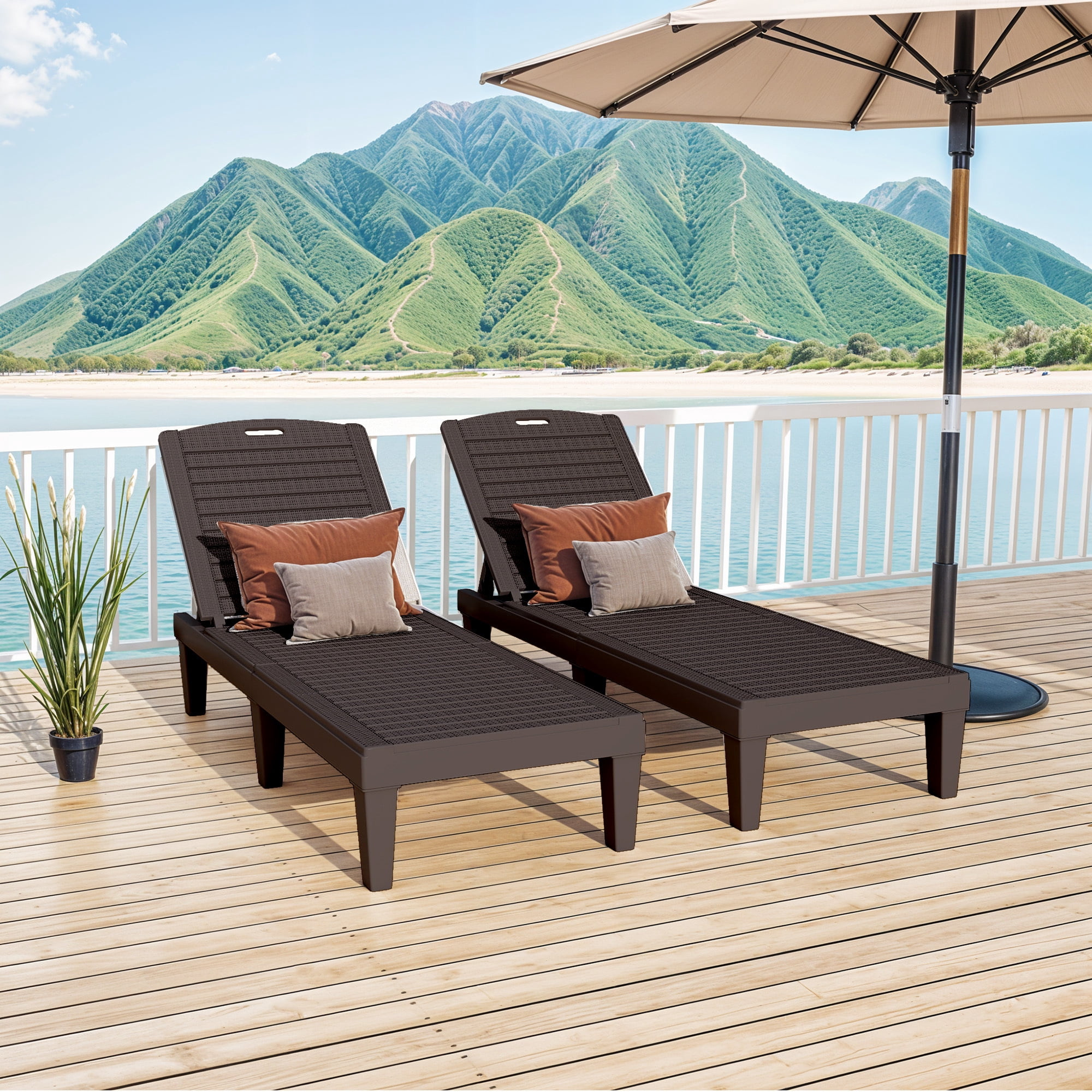 Uforic 2-Piece Outdoor Chaise Lounge Chairs, 5-Position Adjustable Backrest Waterproof Plastic Pool Loungers, Easy Assembly Patio Recliners for Backyard, Poolside and Garden, Dark Brown