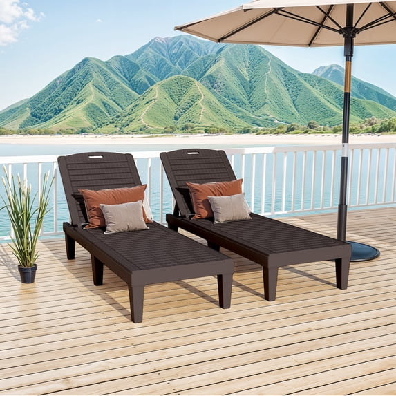 Uforic 2-Piece Outdoor Chaise Lounge Chairs, 5-Position Adjustable Backrest Waterproof Plastic Pool Loungers, Easy Assembly Patio Recliners for Backyard, Poolside and Garden, Dark Brown