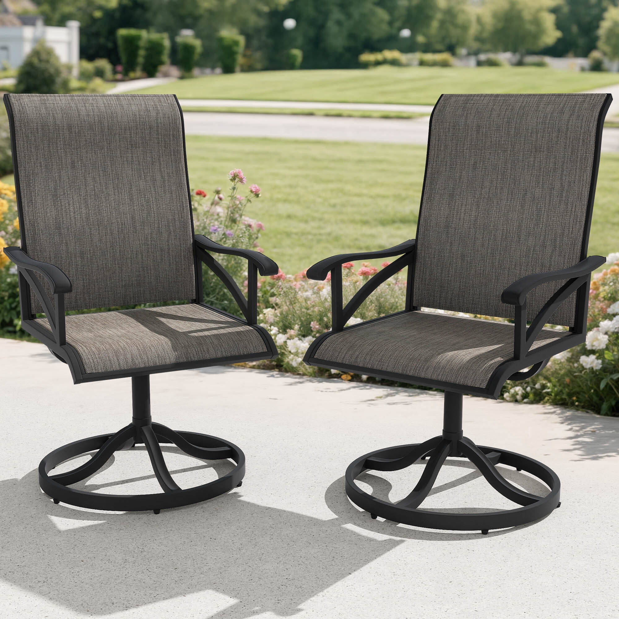 Uforic 2-Piece Outdoor Swivel Patio Chairs, High Back Weather Resistant Fabric 360 Degree Rotating Chairs for Porch Deck Garden, Brown