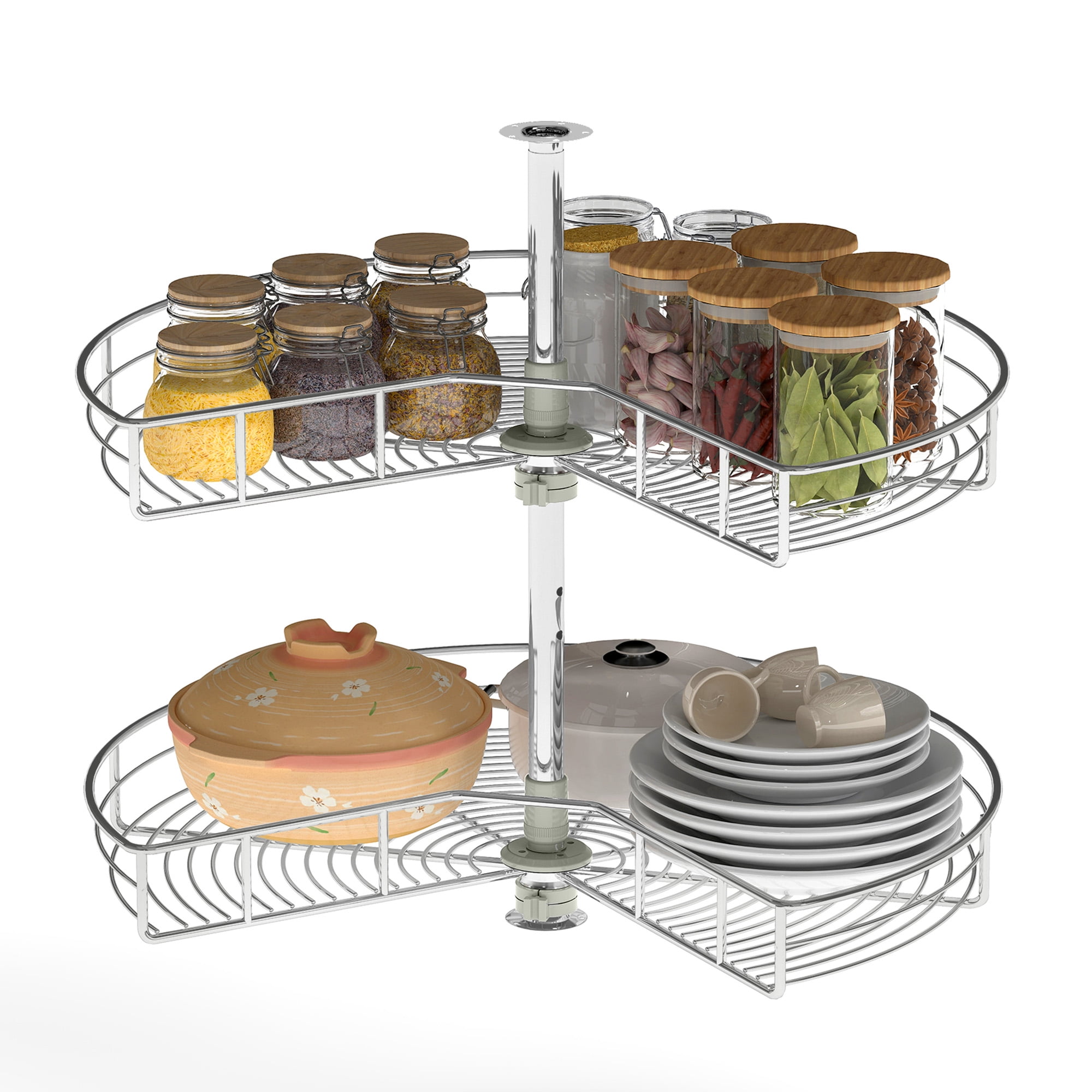 Uforic 2-Tier 28" Round Lazy Susan Corner Cabinet Organizer with Adjustable Height - Silver