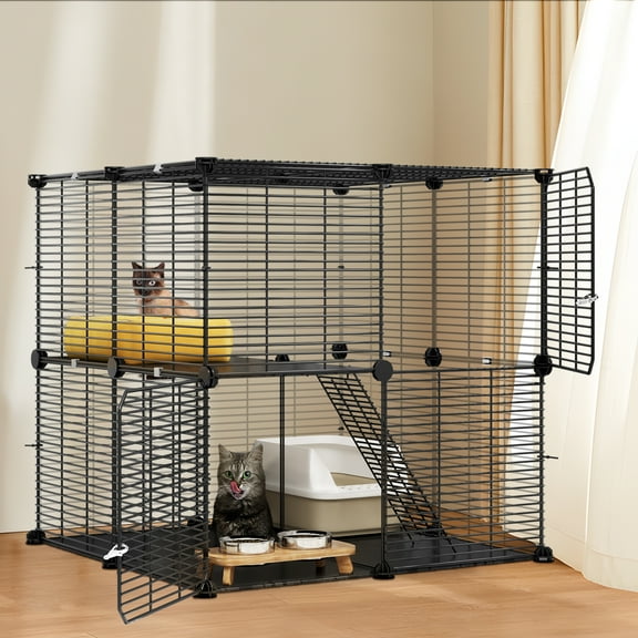Uforic 2-Tier Cat Cage,Indoor DIY Pet Playpen Metal Cat Kennel for 1-2 Cats, Ferrets, Chinchillas, Rabbits, Kittens,Travel and Camping,28"L x 28"W x 28"H,Black