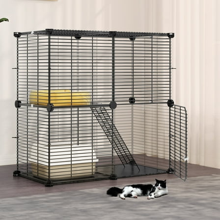 Uforic 2-Tier Cat Cage,Indoor DIY Pet Playpen Metal Cat Kennel for Ferrets,Kittens,Chinchillas, Detachable Metal Kennel,28"L x 14.1"W x 28"H,Black