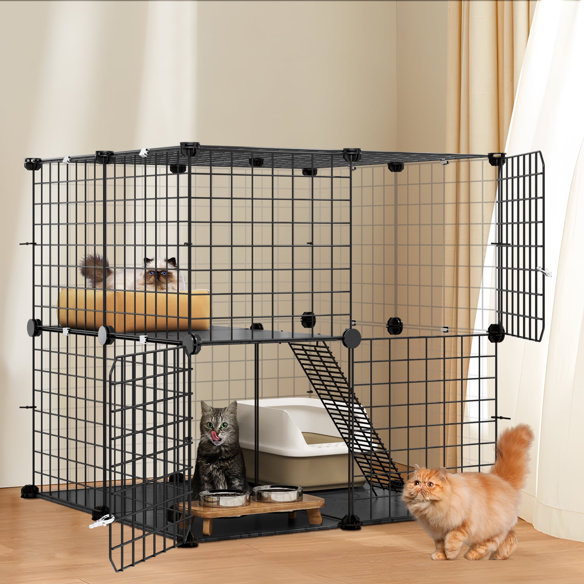 Black Metal 2-Tier DIY Cat Cage with Platforms