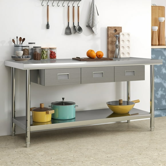 Uforic 2-Tier NSF Stainless Steel Work Table 60", 3 Drawers, Adjustable Kitchen Storage, Commercial Heavy-Duty Prep Table for Professional, Home Industry