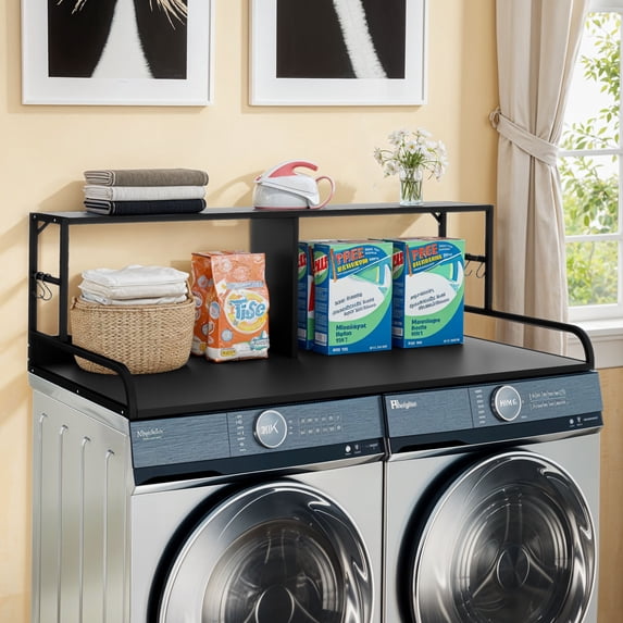 Uforic 2-Tier Washer & Dryer Storage Rack with Hooks, over the Washing Machine Shelf, Black