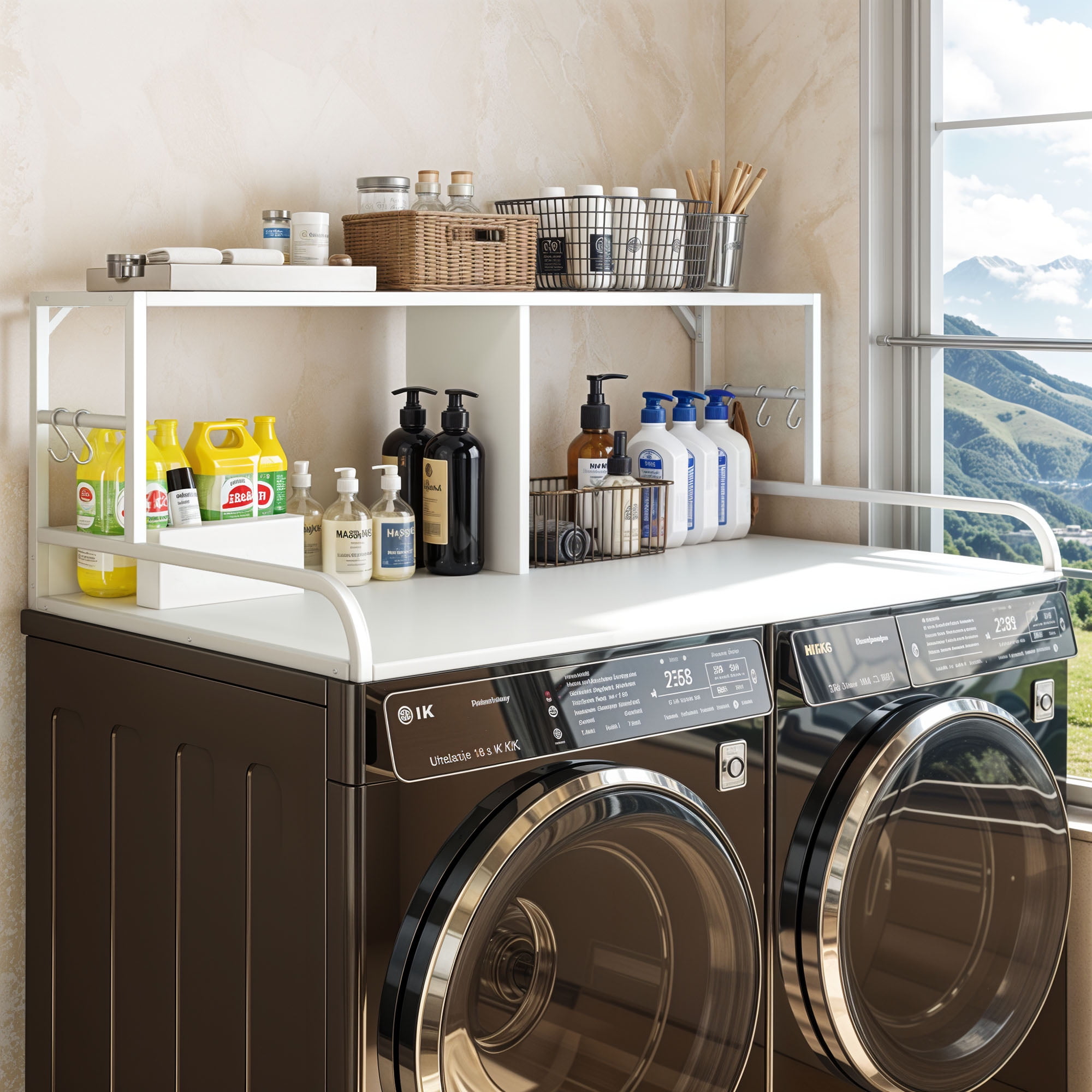 Uforic 2-Tier Washer & Dryer Storage Rack with Hooks, Over the Washing Machine Shelf, White