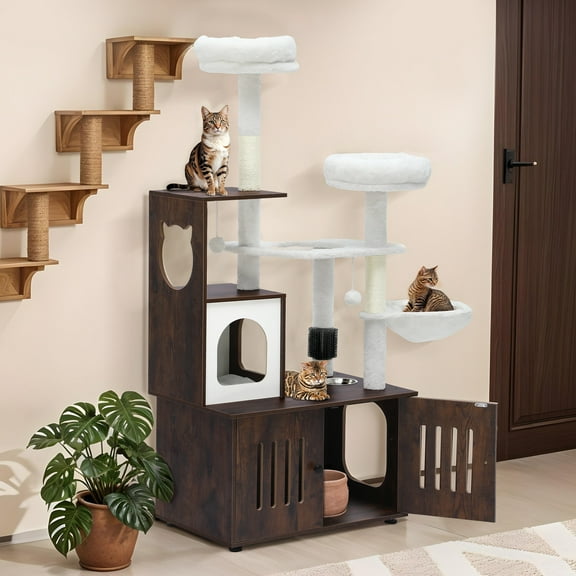 Uforic 2-in-1 Cat Tree with Litter Box Enclosure,59" Modern Cat Condo with Scratching Posts & Hammocks, Rustic Brown