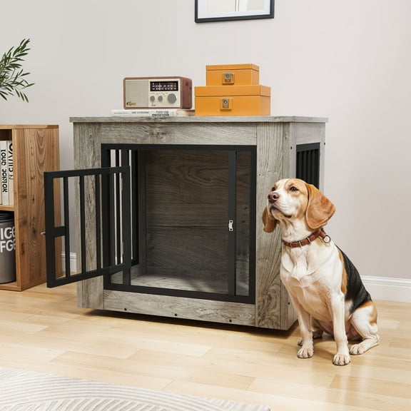 Uforic 2-in-1 Dog Crate Furniture, 27 in Wooden Indoor Dog Cage Table with Steel Lock & Waterproof Top,Gray