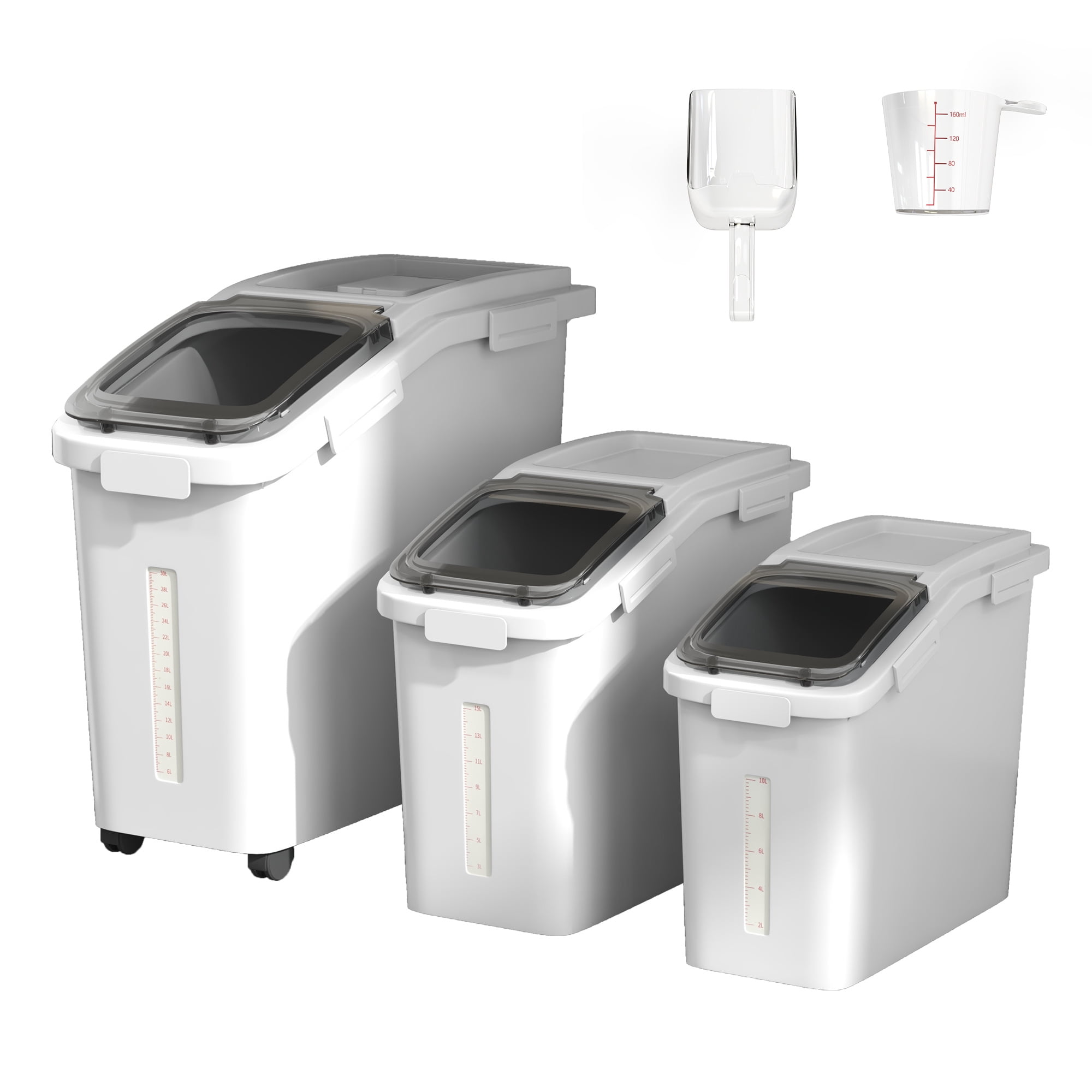 Uforic 20.6 Gal Ingredient Storage Bin(11.4+5.8+3.4 Gal), Commercial Rice Flour Storage Container, 500 Cups Capacity Storage Bins with Wheels, Lid and Scoop, Kitchen Rice Storage Bin, White
