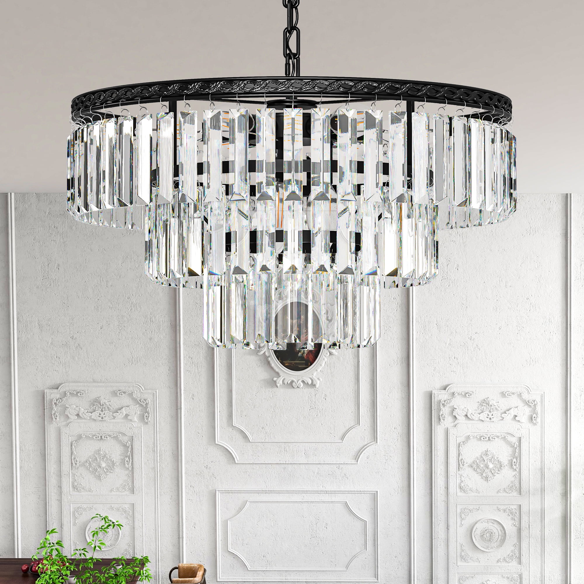 Uforic 20" Black Crystal Chandeliers, 9-Light Ceiling Fixture, 3-Tier ...