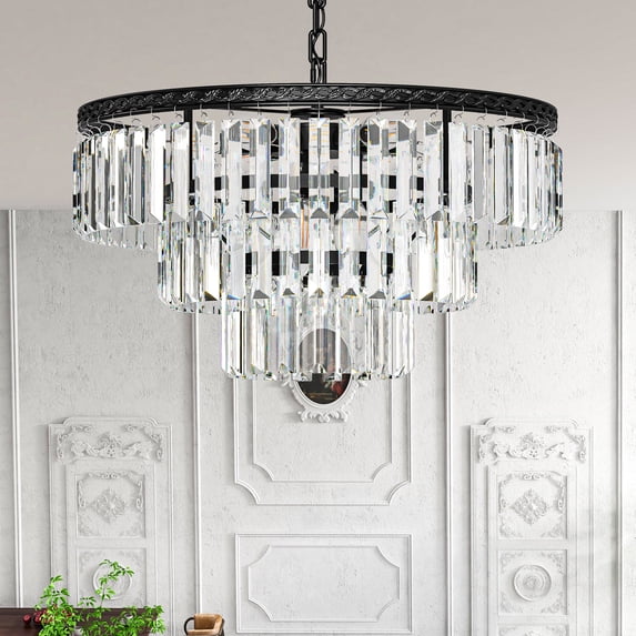Uforic 20" Black Crystal Chandeliers, 9-Light Ceiling Fixture, 3-Tier K9 Crystal Pendant Light for Dining Room, Kitchen Island, and Living Room