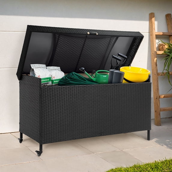 Uforic 200 Gallon Large Outdoor Rattan Deck Box, Storage Box with Storage Net & Movable Wheels for Patio Furniture, Garden Tools, Black