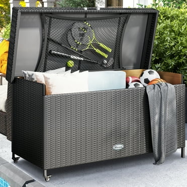 Uforic 200 Gallon Outdoor Wicker Storage Box, Large Rattan Deck Box,Waterproof Storage Box with Aluminum Frame,Black