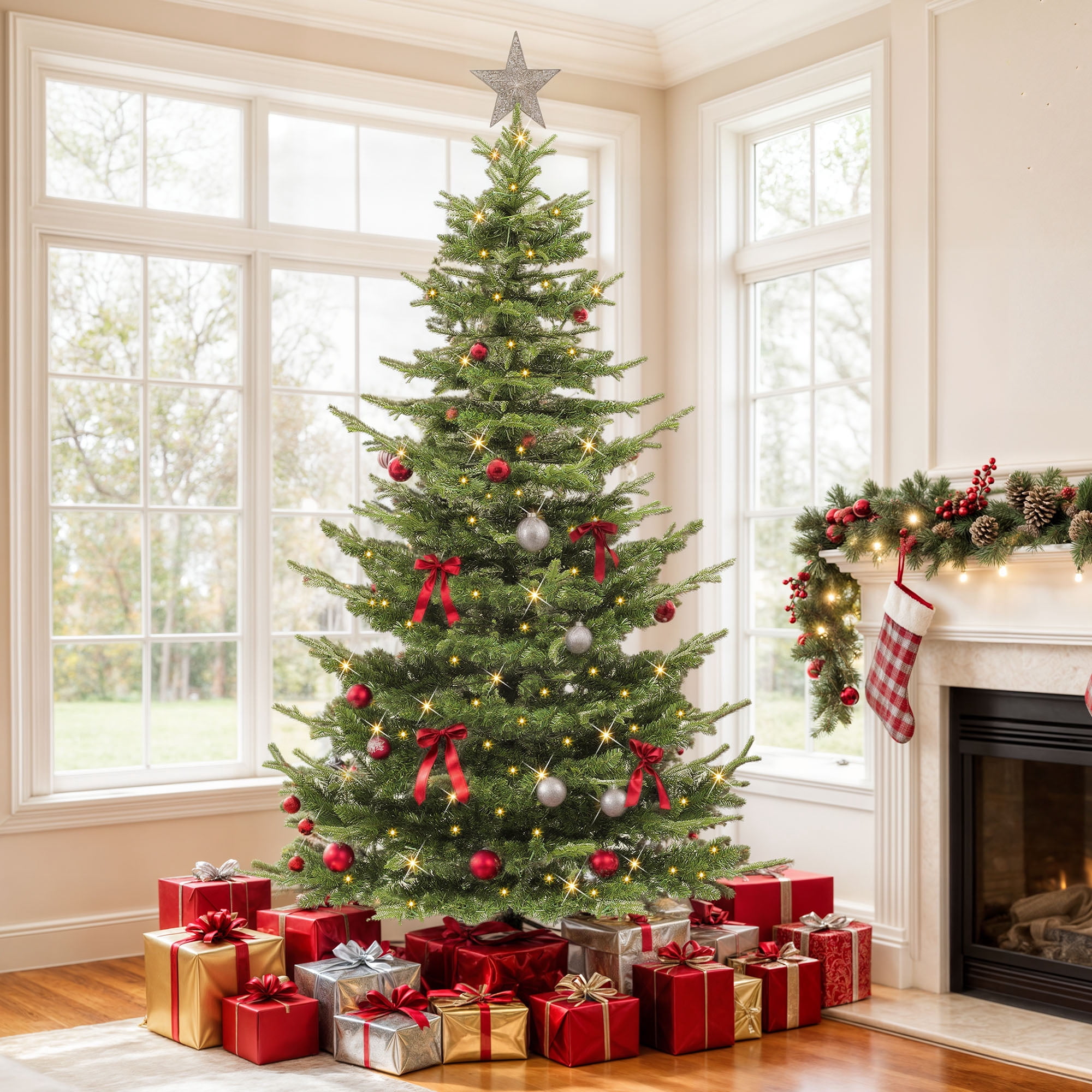 Uforic 7.5ft Pre-Lit Aspen Fir Artificial Christmas Tree with 1319 PE & PVC Branch Tips & 700 Lights,11 Light-Modes, Remote Control, Green