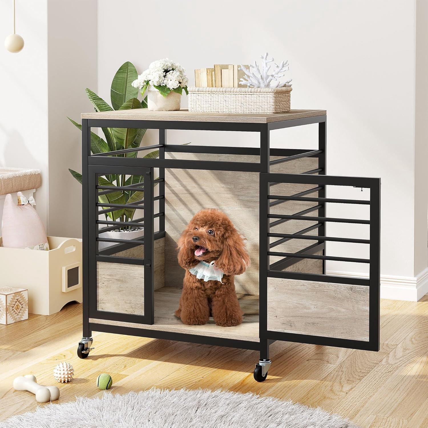 Uforic 23.6" Dog Crate Furniture Wooden Dog House with Wheels, Dog Kennel Indoor for Small Medium Dogs - Brown & Black