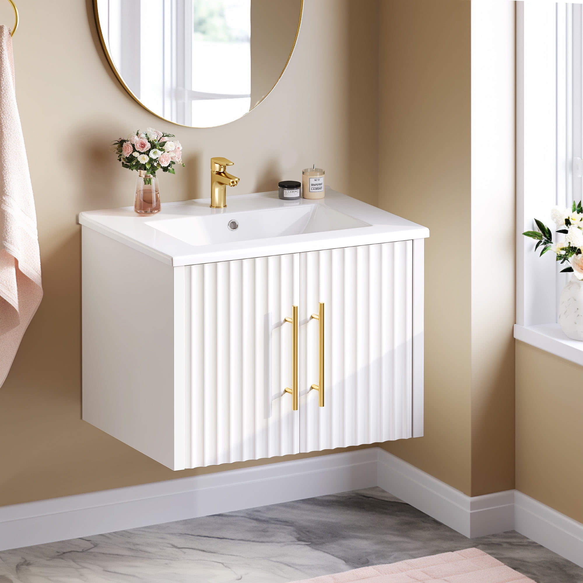 Uforic 23 Inch White Bathroom Vanity with Sink, Wall Mounted Bathroom Sink Storge Cabinet with Drain