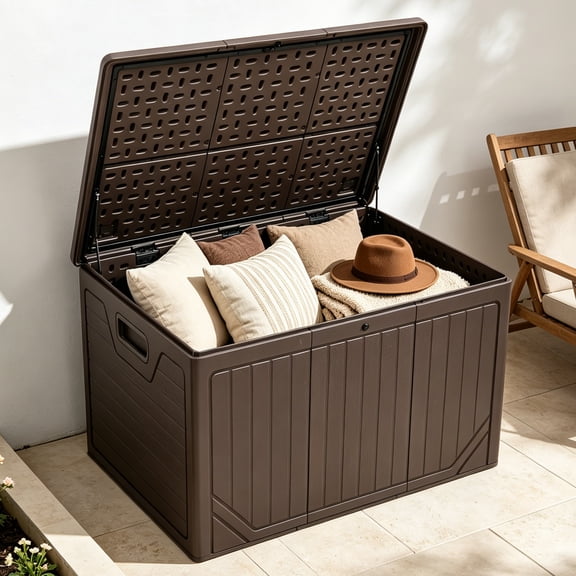 Uforic 230 Gallon Extra Large Resin Deck Box, Lockable Waterproof Outdoor Storage Bin, Weatherproof Patio Container for Patio Cushions, Garden Tools and Pool Supplies, Brown