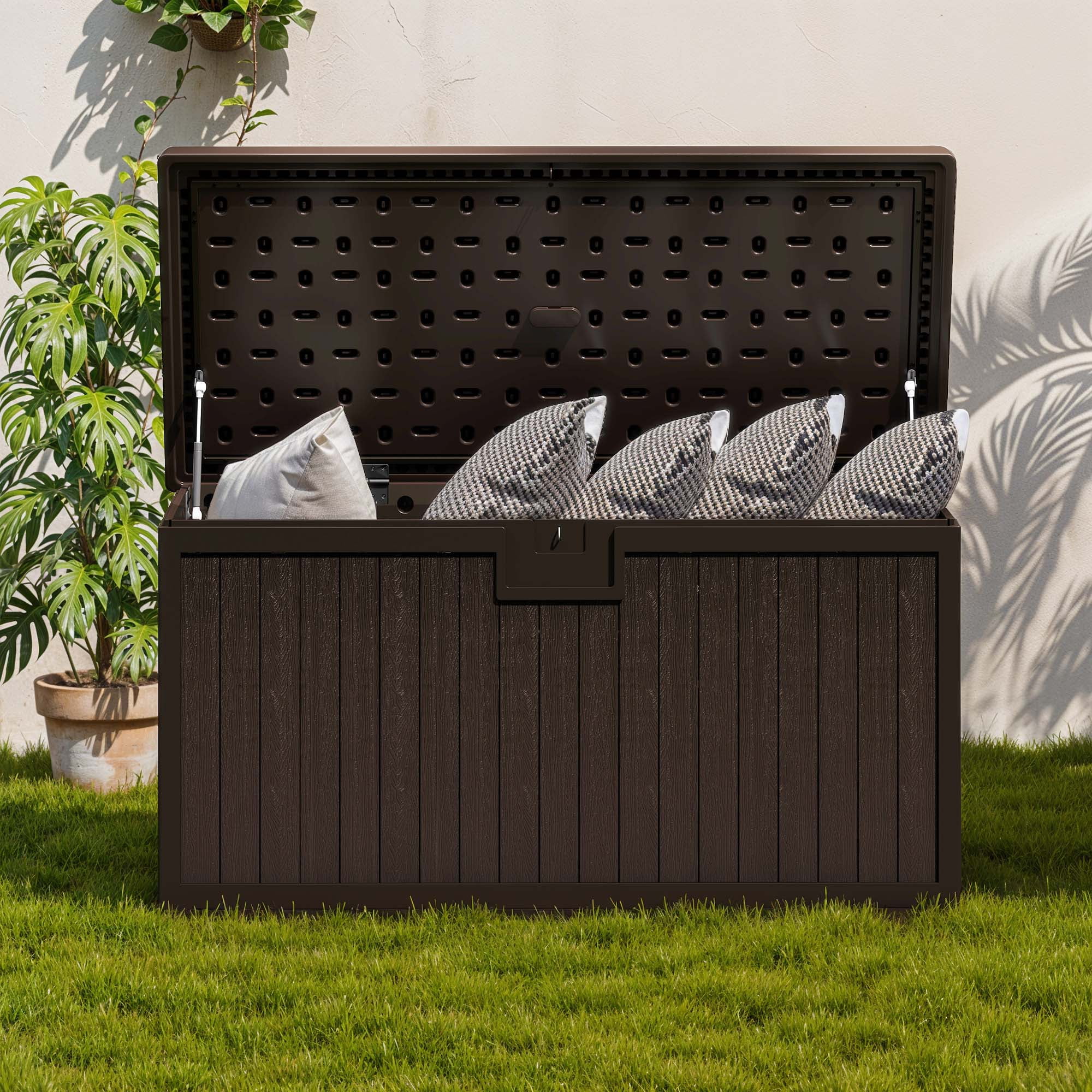 Uforic 230 Gallon Large Deck Box, Outdoor Weatherproof Resin Storage Box with Flexible Divider, Waterproof & Lockable, Brown