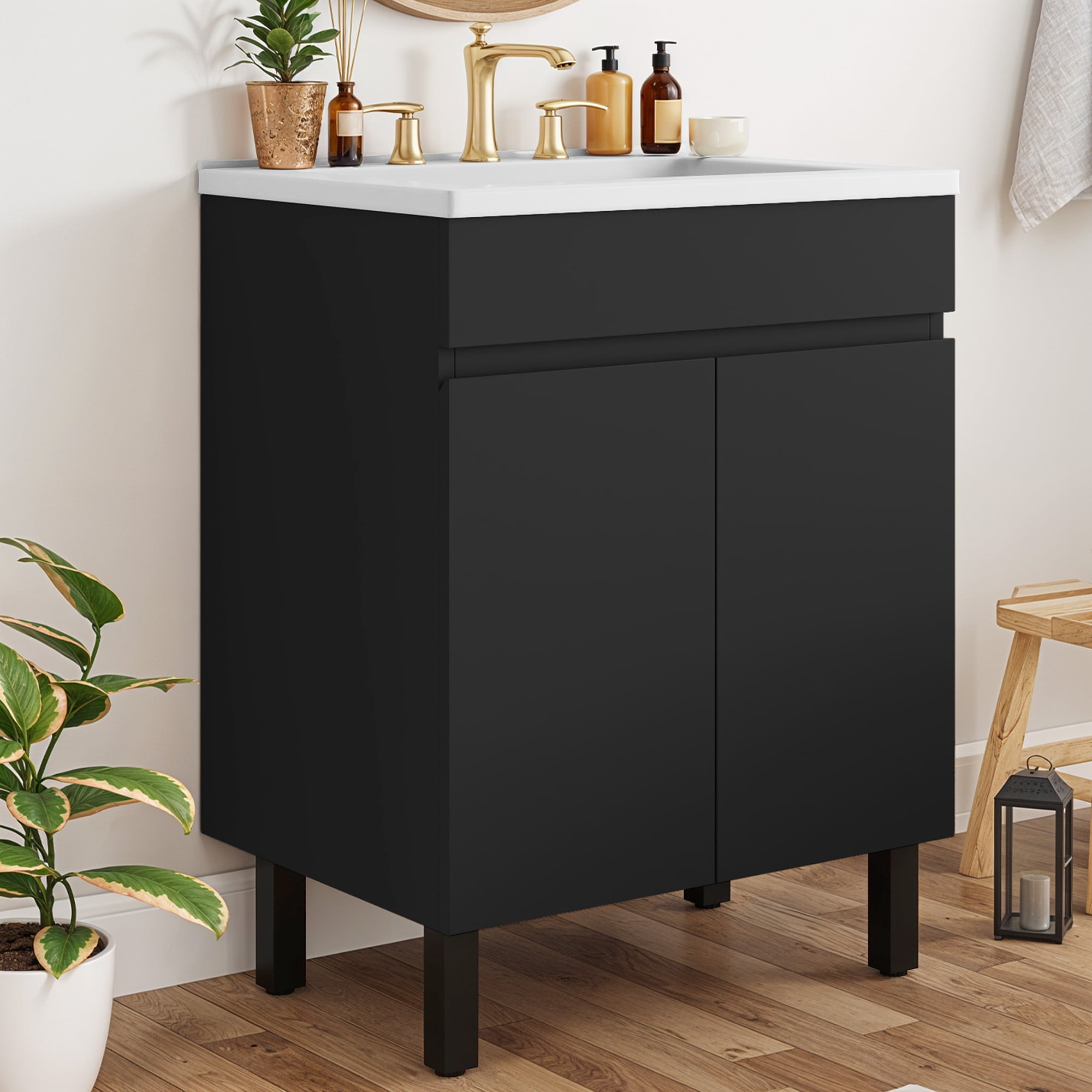 Uforic 24.9" Bathroom Vanity with Top Sink, Modern Free Standing Bathroom Storage Cabinet with Soft Close Door, Black