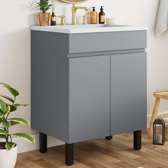 Uforic 24.9" Bathroom Vanity with Top Sink, Modern Free Standing Bathroom Storage Cabinet with Soft Close Door, Gray