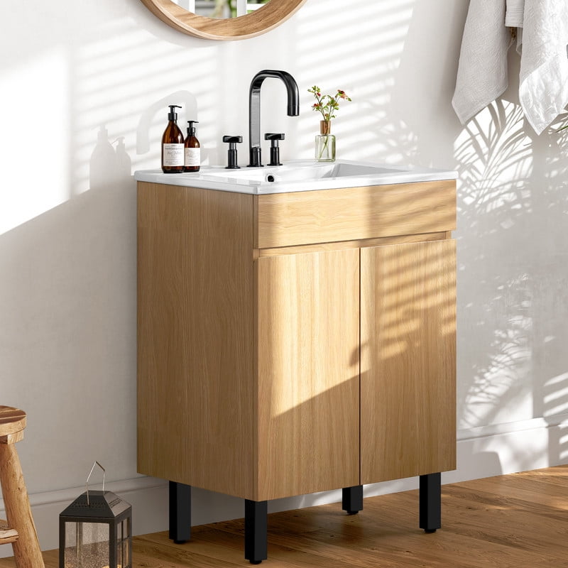 Uforic 24" Bathroom Vanity with Undermount Sink, Modern Free Standing Bathroom Storage Cabinet with Soft Close Door, Brown
