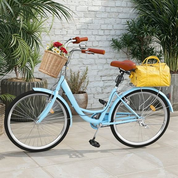 Uforic 24" Beach Cruiser Bike for Women and Men, Adjustable Seat Single-Speed Commuter Bike Bicycle for Adults, Blue