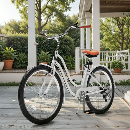 Uforic 24 Inch Beach Cruiser Bike, 7 Speed Commute Bike, Step-Through Bicycle for Adult Women & Men, Steel Frame Cruiser Bike, White