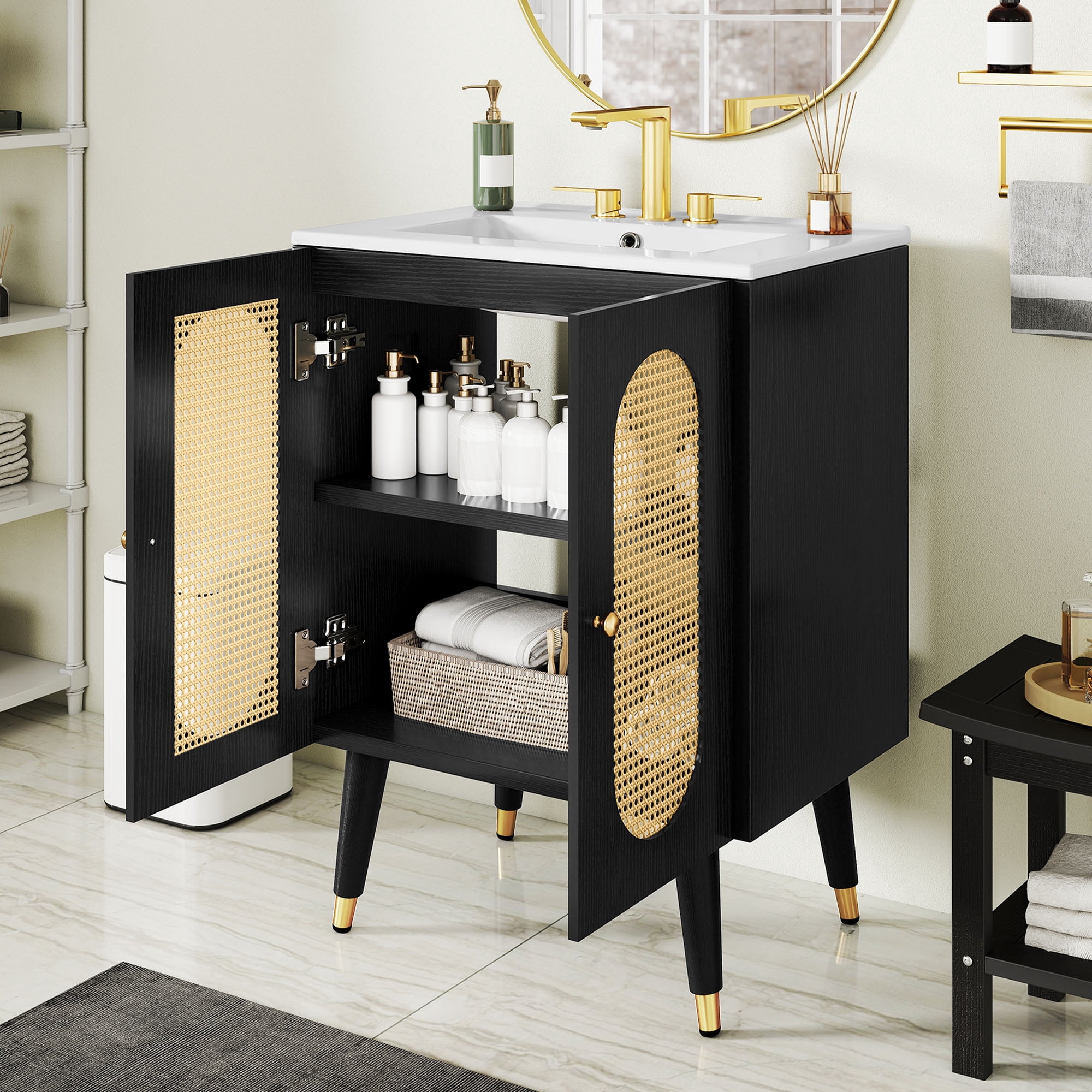 Uforic 24 Inch Bohemian Rattan Bathroom Vanity with Soft-Close Double Doors, Adjustable Inner Shelf for Small Space, Black
