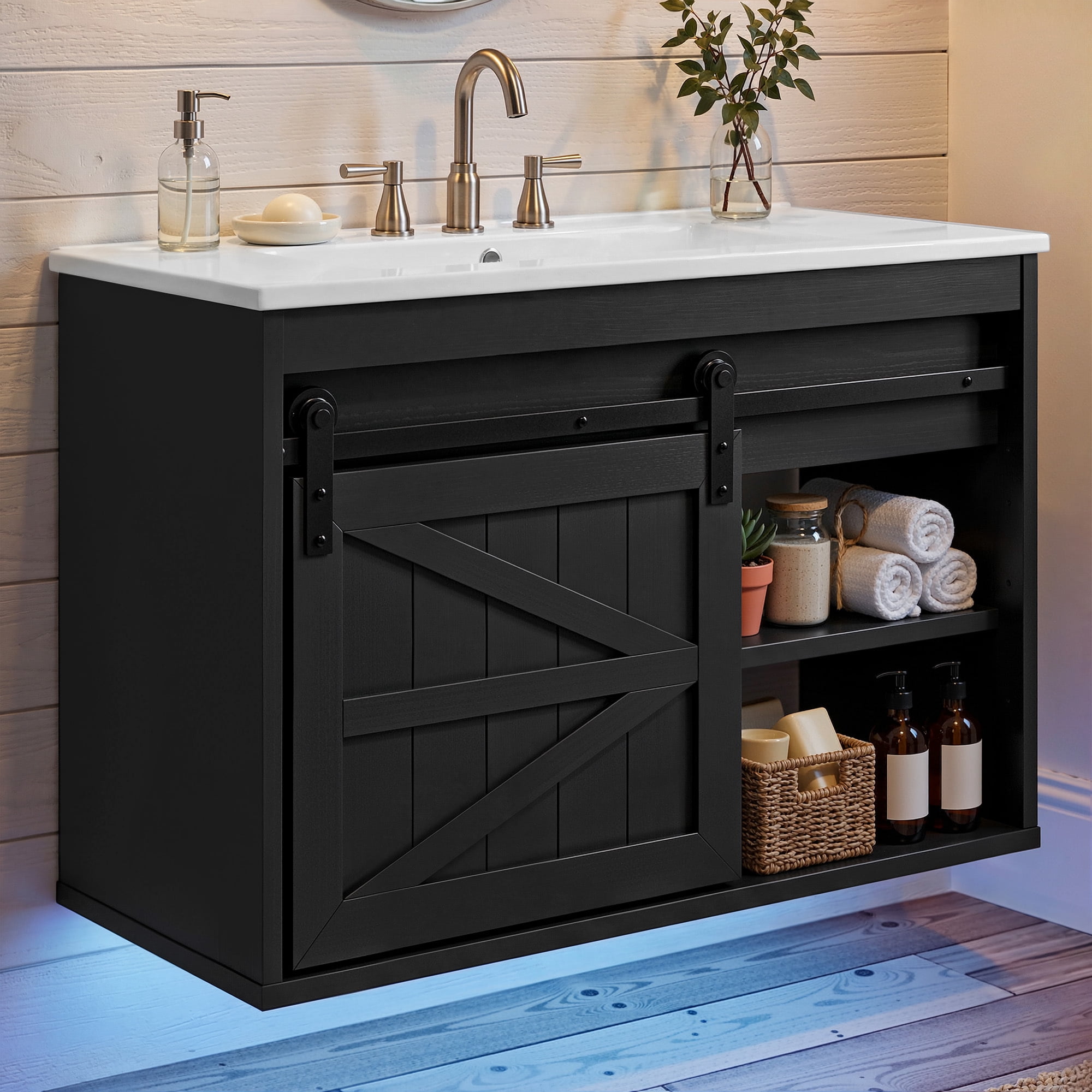 Uforic 24 Inch Farmhouse Floating Bathroom Vanity with Ceramic Sink, 7-Color LED Ambient Light & Sliding Barn Door for Small Compact Bathroom Spaces, Black