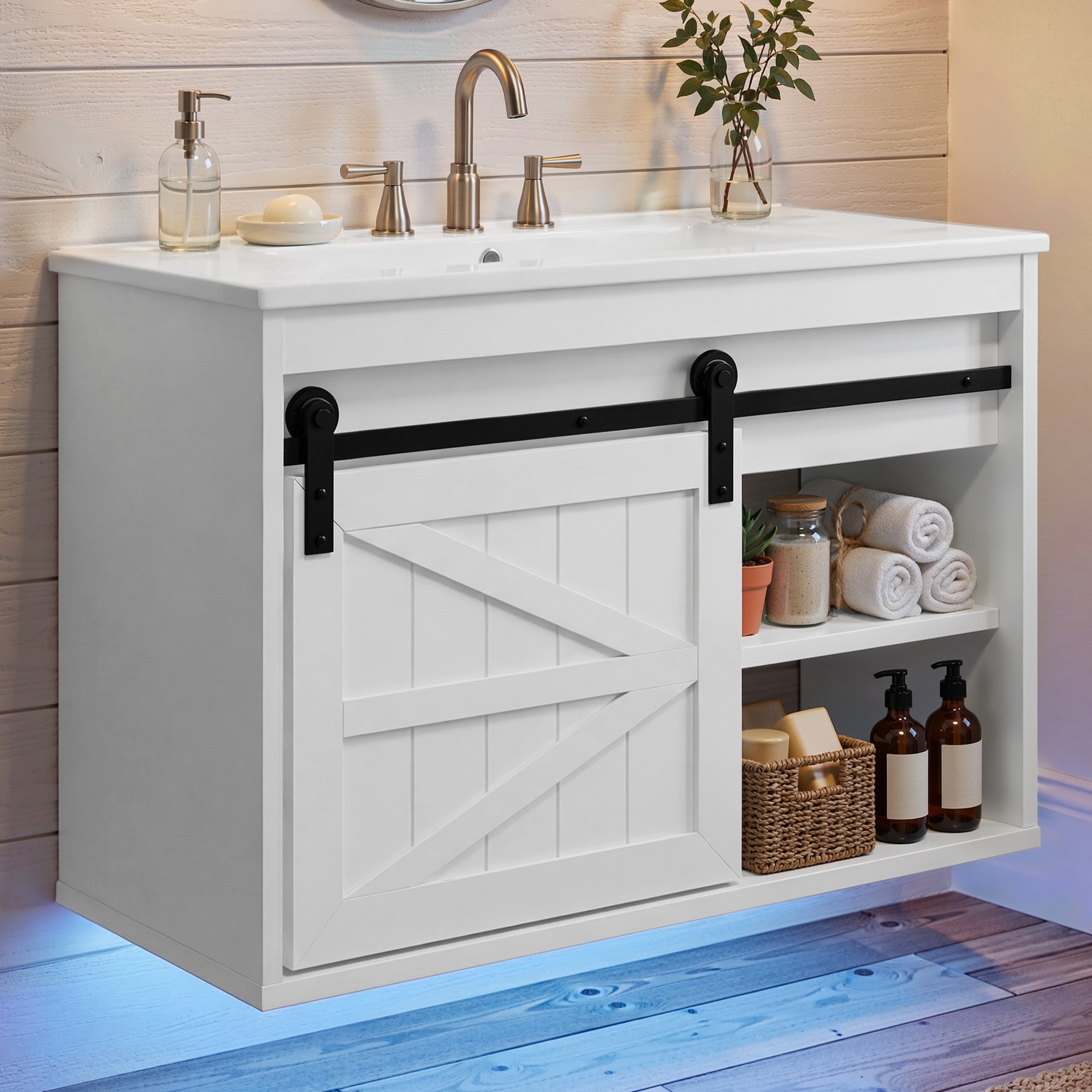 Uforic 24 Inch Farmhouse Floating Bathroom Vanity with Ceramic Sink, 7-Color LED Ambient Light & Sliding Barn Door for Small Compact Bathroom Spaces, White