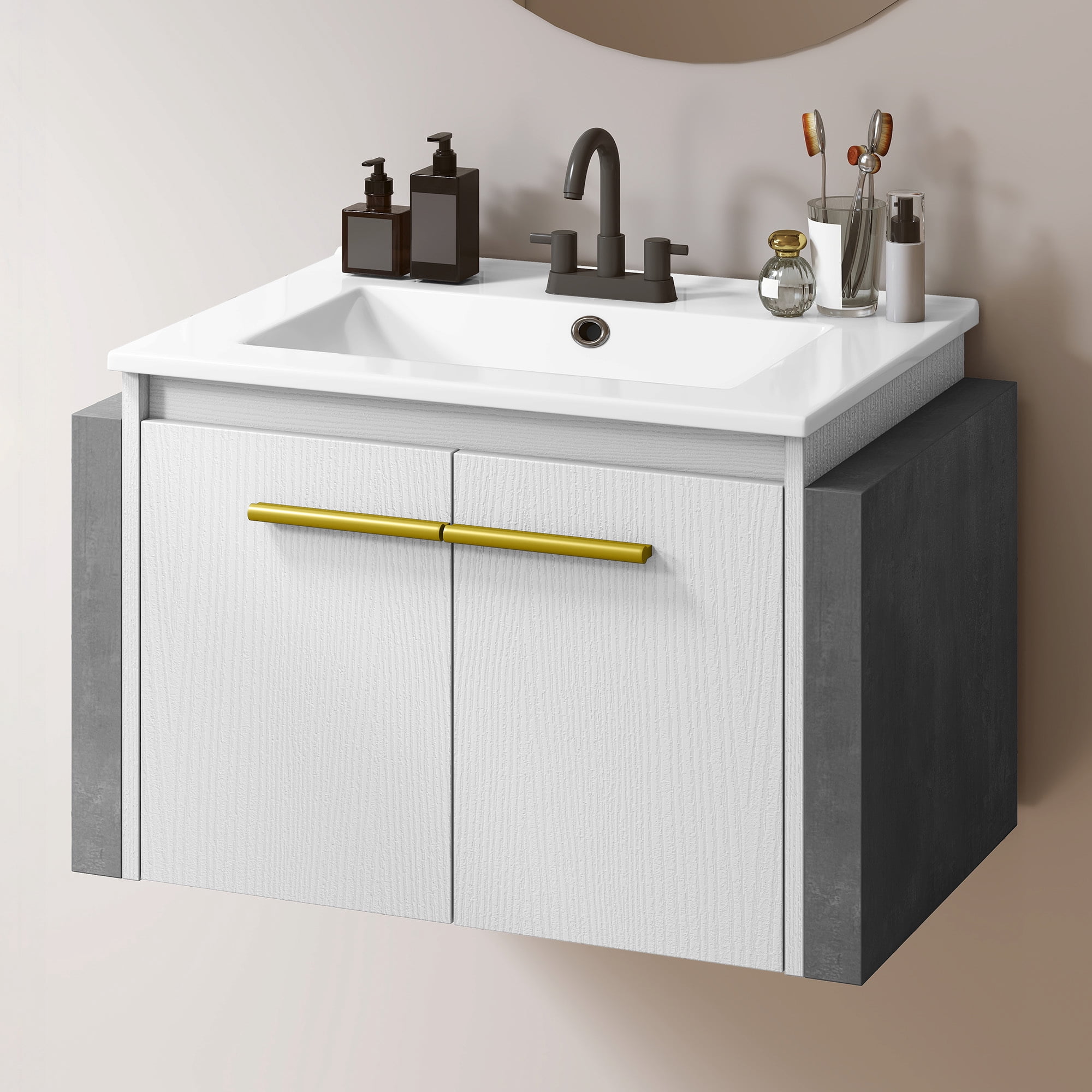 Uforic 24 Inch Floating Bathroom Vanity with Sink, Wall Mounted Modern Bathroom Vanity Cabinet with Double Extra Large Doors, White