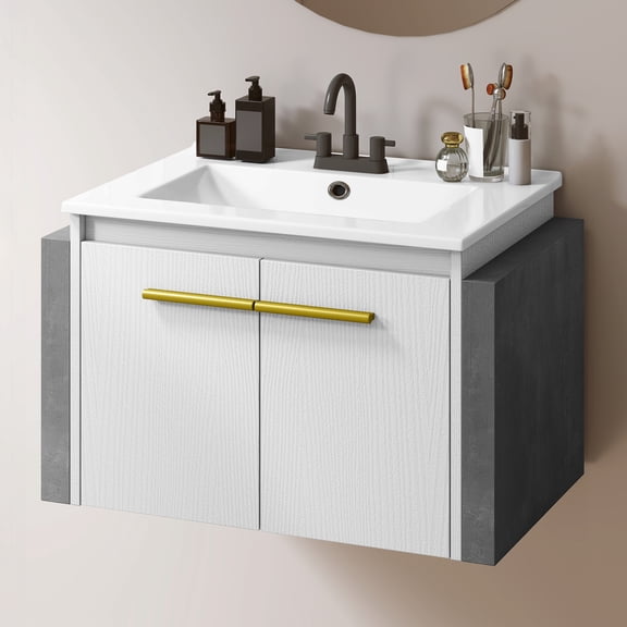 Uforic 24 Inch Floating Bathroom Vanity with Sink, Wall Mounted Modern Bathroom Vanity Cabinet with Double Extra Large Doors, White