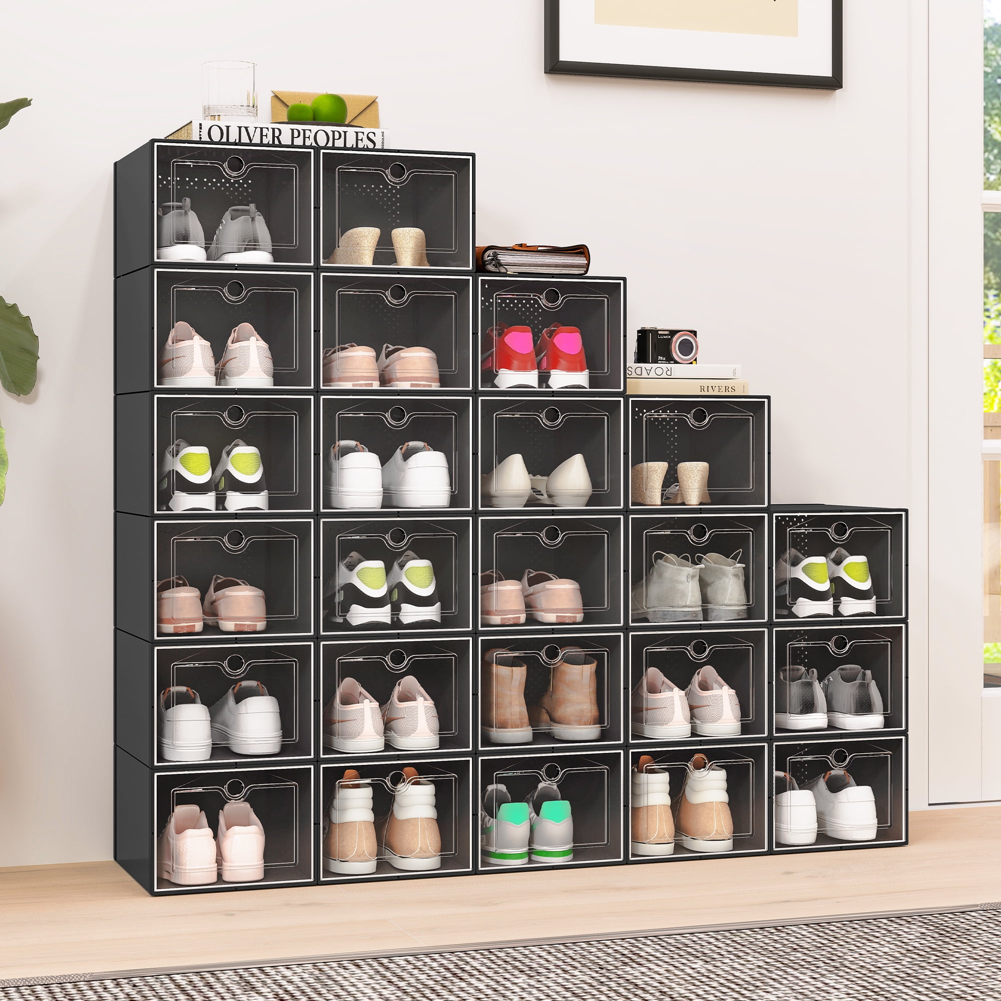 Uforic 24 PCS  Shoe Storage Box, Stackable Plastic Shoe Organizer Box,for Entryway Hallway, Black