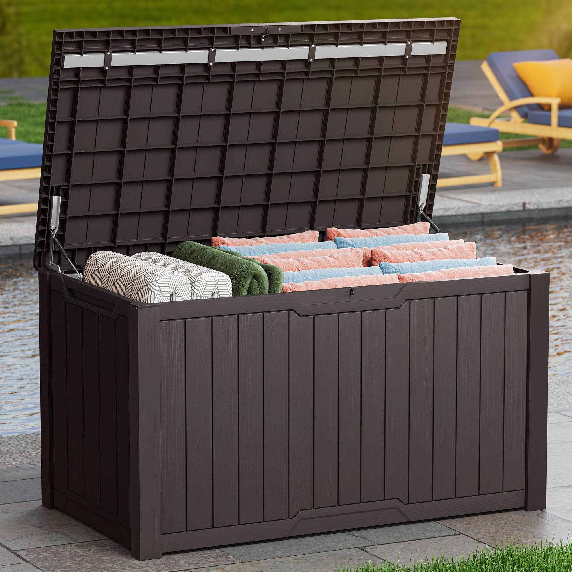Uforic 240 Gallon XXL Large Weather Resistant Resin Deck Box, Lockable Outdoor Storage Box, Ideal for Patio Cushions, Garden Tools, Pool & Sports Equipment, Dark Brown