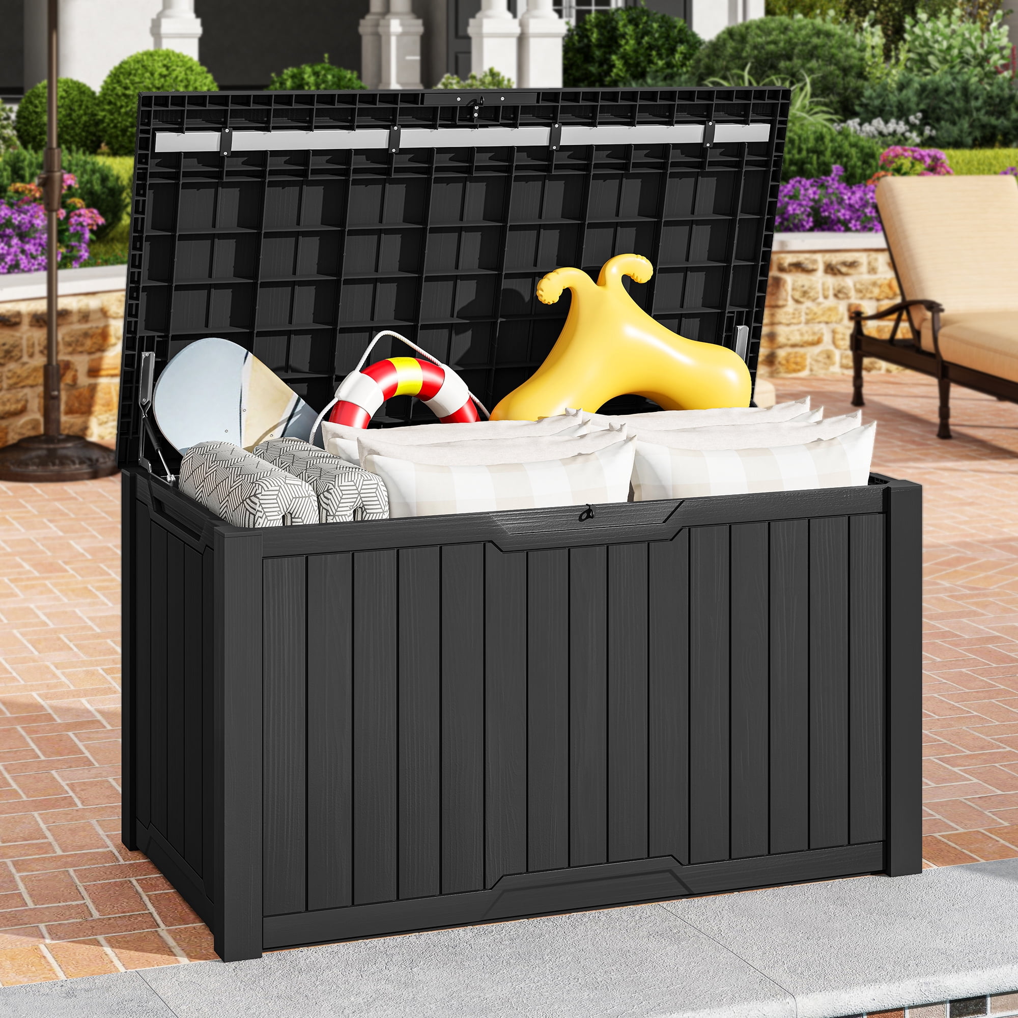 Uforic 240 Gallon XXL Lockable Resin Outdoor Deck Box, Weather Resistant Storage Container, Black