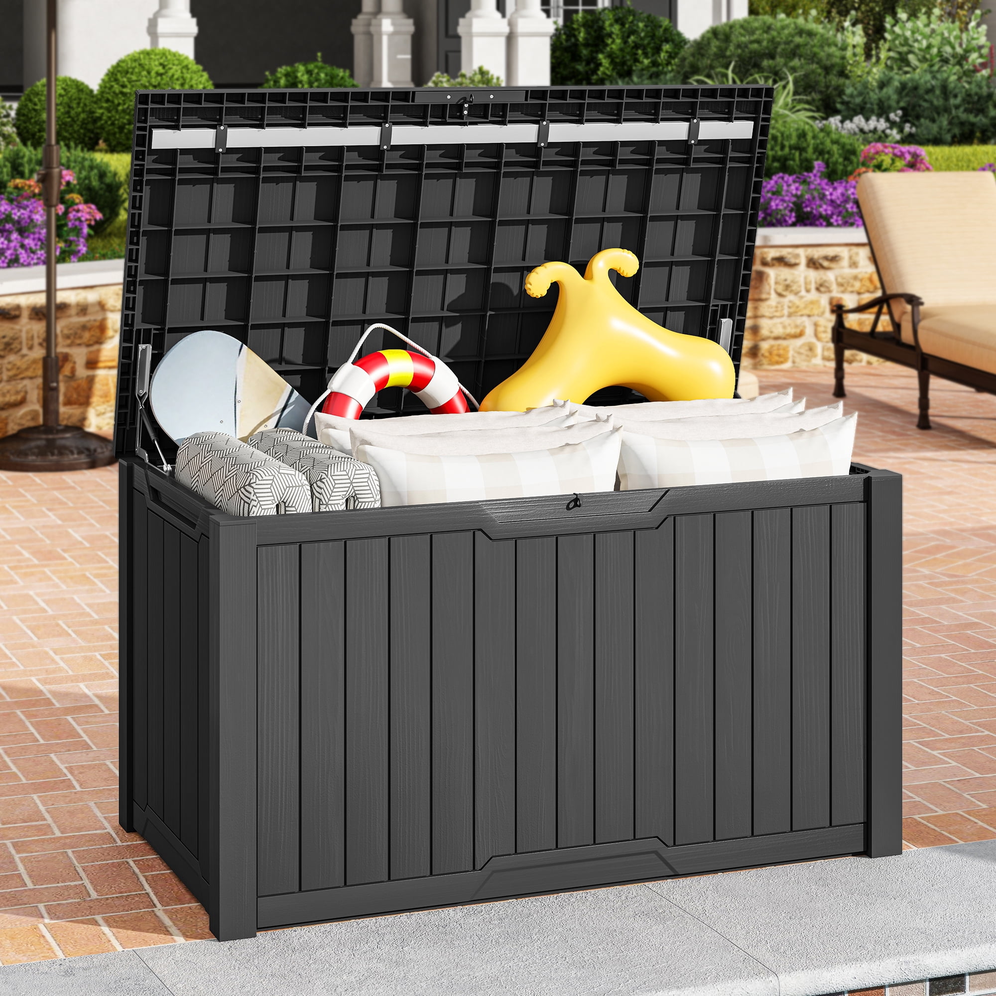 Uforic 240 Gallon XXL Lockable Resin Outdoor Deck Box, Weather Resistant Storage Container, Dark Gray