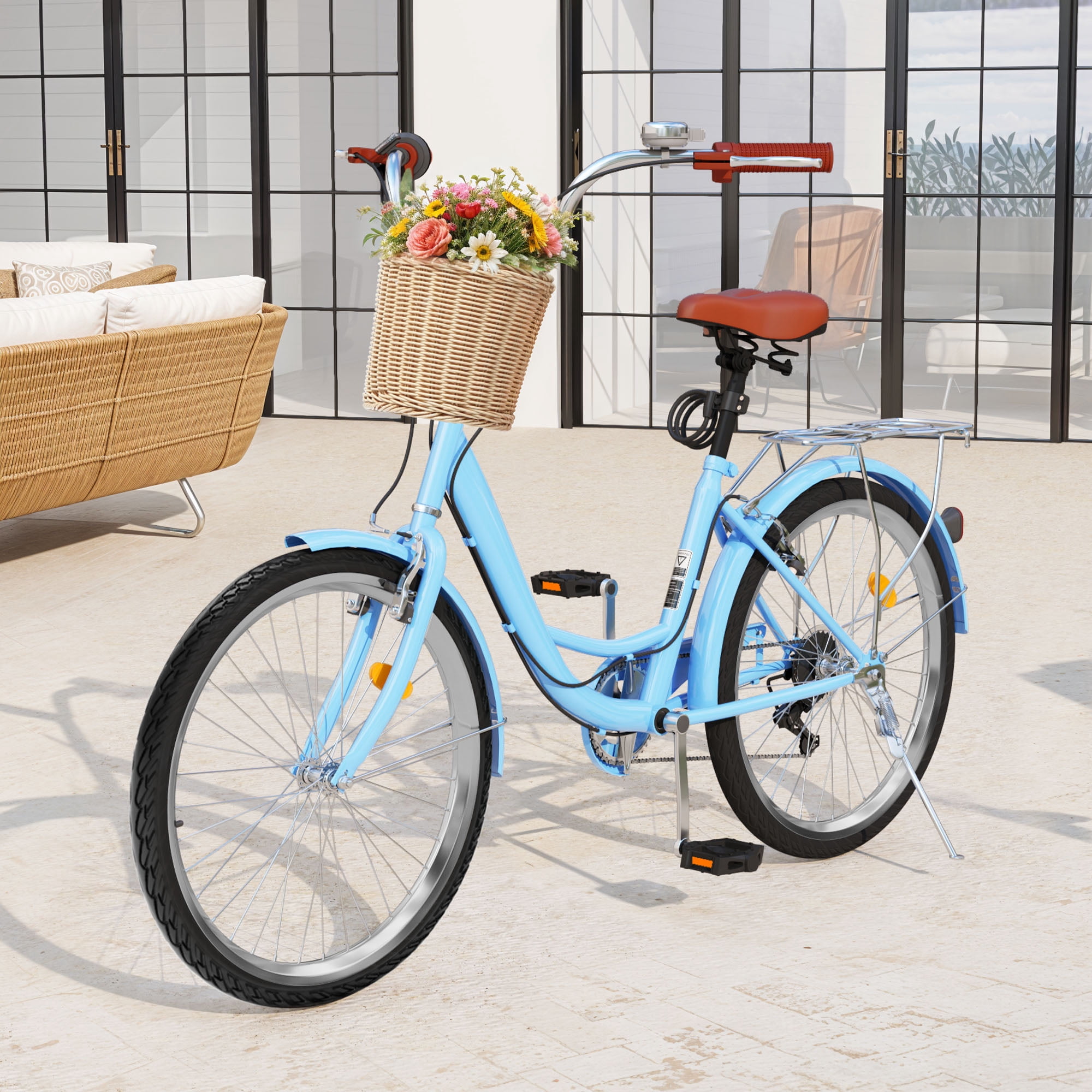Uforic 26" Beach Cruiser Bike for Women, 7-Speed Adjustable Seat Bike Bicycle for Adult City Commuter, Blue