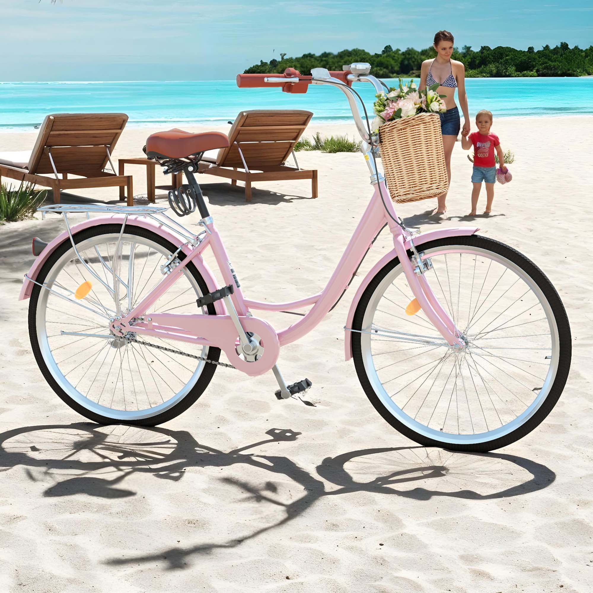 Uforic 26" Beach Cruiser Bike for Women, Adjustable Seat Single-Speed Commuter Bike Bicycle for Adults, Pink
