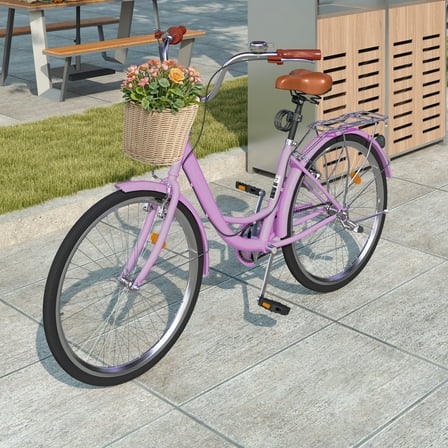 Uforic 26" Beach Cruiser Bike for Women, Adjustable Seat Single-Speed Commuter Bike Bicycle for Adults, Purple