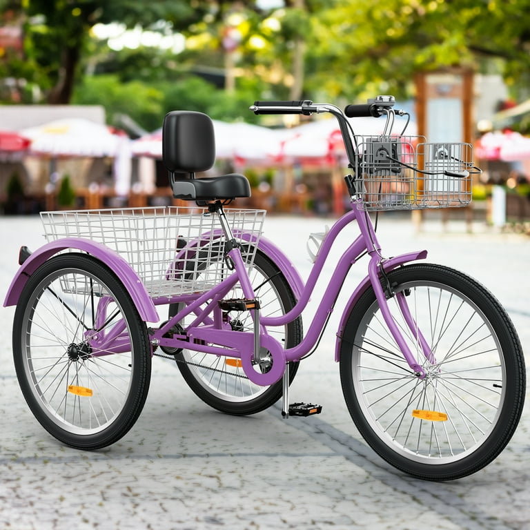 Uforic 26 Inch 3 Wheel Bike Single Speed Adult Trike Low Step Through Cruiser with Front Rear Baskets Large Adjustable Seat with Backrest for