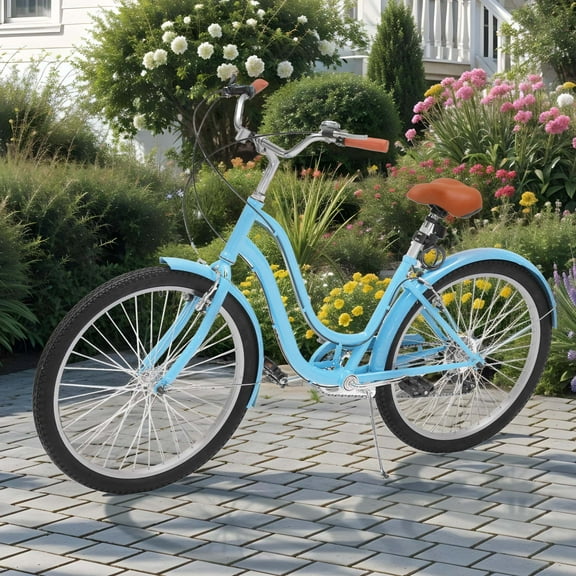 Uforic 26 Inch Beach Cruiser Bike, 7-Speed, Step-Through Bicycle for Men & Women, Steel Frame, Light Blue