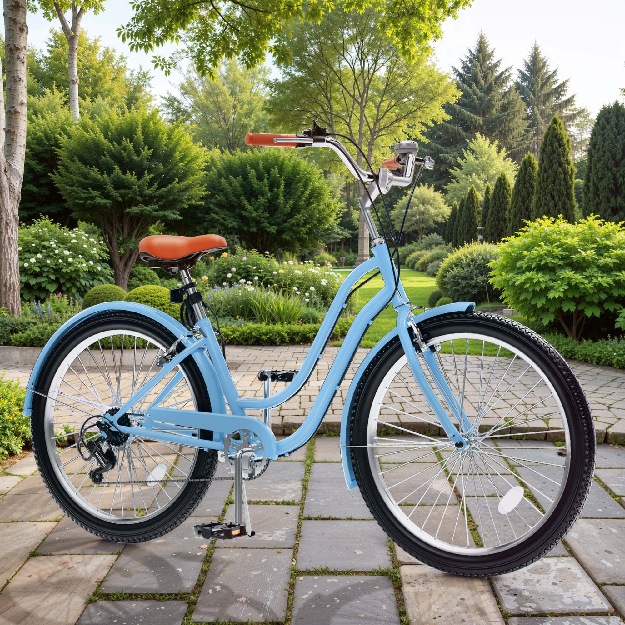 Uforic 26'' Beach Cruiser Bike with 7-Speed, Wide Tires, Adjustable Seat, Fenders, for Adult, Blue